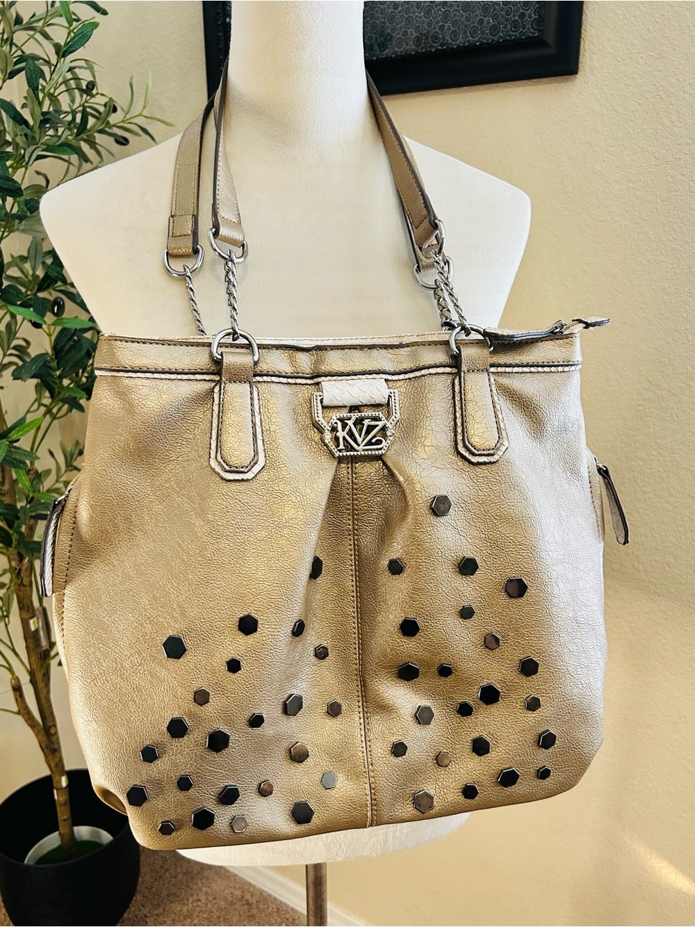 Kathy Van Zeeland Purse Metallic Gold Tote Bronze Embellishments